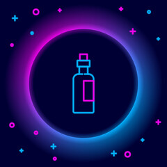 Glowing neon line Bottle of olive oil icon isolated on black background. Jug with olive oil icon. Colorful outline concept. Vector