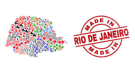 Parana State map mosaic and textured Made in Rio De Janeiro red circle stamp. Made in Rio De Janeiro stamp uses vector lines and arcs. Parana State map mosaic includes gears, homes, wrenches, suns,