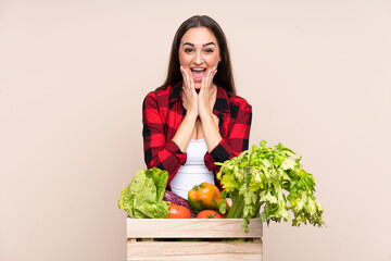 Farmer with freshly picked vegetables in a box isolated on beige background with surprise facial expression
