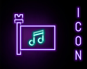Glowing neon line Music festival, access, flag, music note icon isolated on black background. Colorful outline concept. Vector