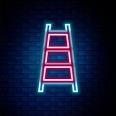 Glowing neon line Stair with finish flag icon isolated on brick wall background. Career growth business concept. Concept of business development. Colorful outline concept. Vector