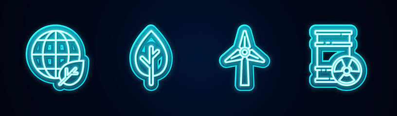 Set line Earth globe and leaf, Tree, Wind turbine and Radioactive waste barrel. Glowing neon icon. Vector