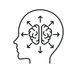 line icon, head, inside it a brain and arrows in different directions