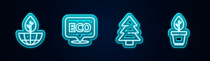 Set line Earth globe and plant, Label for eco healthy food, Christmas tree and Plant in pot. Glowing neon icon. Vector