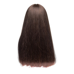 Human hair wig on a mannequin. Back view. Brunette. Straight hair