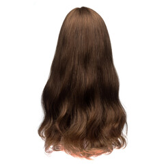 Human hair wig on a mannequin. Back view. Brunette. Straight hair