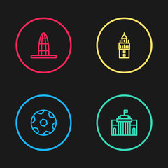 Set line Football ball, Prado museum, Giralda and Agbar tower icon. Vector