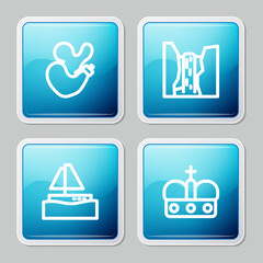 Set line Spanish wineskin, Algar waterfall, Yacht sailboat and Crown of spain icon. Vector