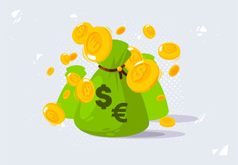 Vector illustration of green money bag, gold coins with currency