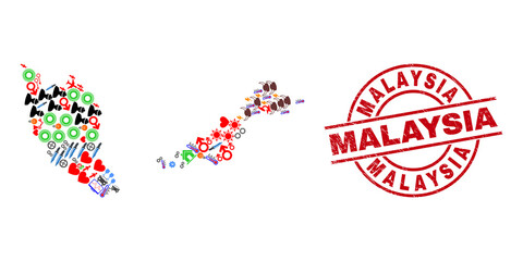 Malaysia map collage and scratched Malaysia red round seal. Malaysia stamp uses vector lines and arcs. Malaysia map collage includes gears, homes, showers, bugs, hands, and more icons.