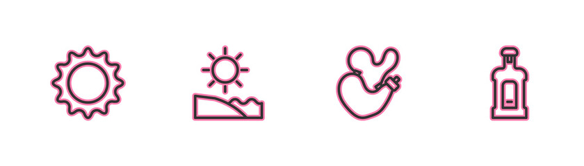Set line Sun, Spanish wineskin, Beach and Orujo icon. Vector