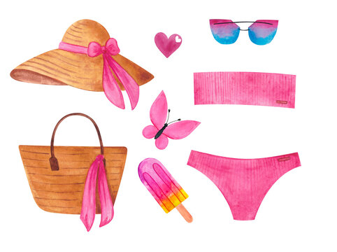 Watercolor set of beachwear and accessories. Perfect for printing design: postcards, invitations, websites, personal blogs, decoupage, photo albums and other creative applications.