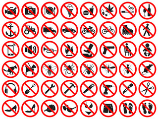 Red prohibition signs. Collection of vector icons forbidden dangerous actions: smoking, alcohol, food and drink, do not take drugs. Prohibition of movement in vehicles, use tools and other signs. - 432228209
