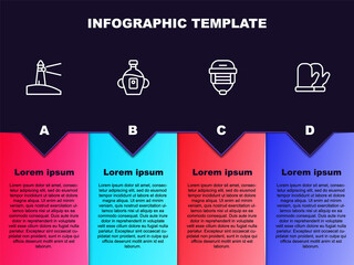 Set line Lighthouse, Maple syrup, Hockey helmet and Christmas mitten. Business infographic template. Vector
