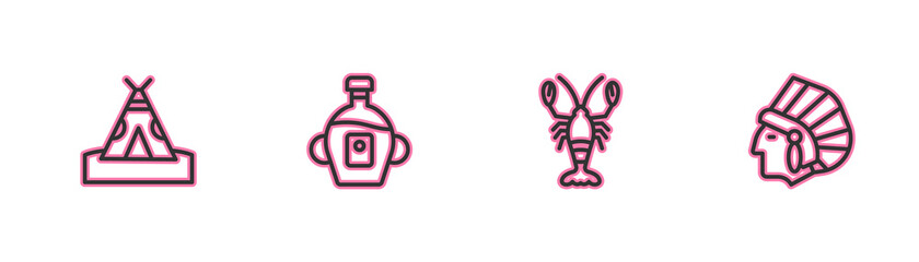 Set line Indian teepee or wigwam, Lobster, Maple syrup and Native American icon. Vector © vector_v