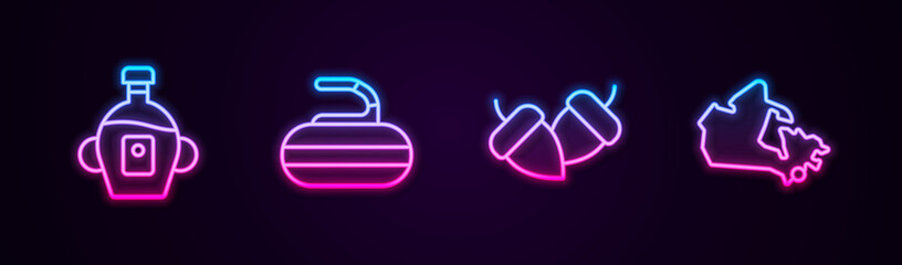 Set line Maple syrup, Stone for curling, Acorn and Canada map. Glowing neon icon. Vector