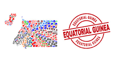 Equatorial Guinea map collage and Equatorial Guinea red round seal. Equatorial Guinea badge uses vector lines and arcs. Equatorial Guinea map collage contains helmets, homes, showers, suns, people,