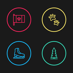Set line Skates, Canadian spruce, Paw print and Flag of Canada icon. Vector