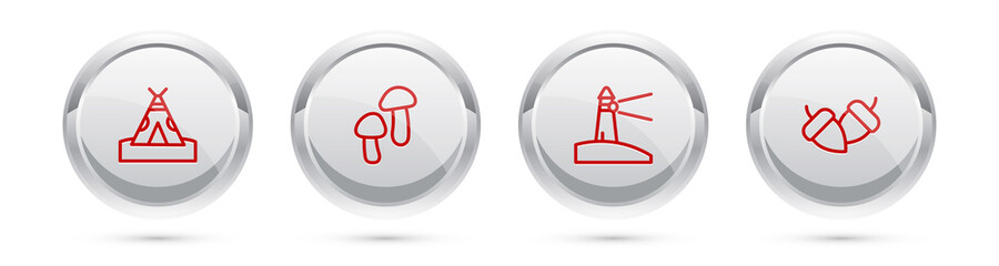 Set line Indian teepee or wigwam, Mushroom, Lighthouse and Acorn. Silver circle button. Vector