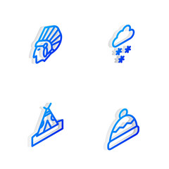 Fototapeta premium Set Isometric line Cloud with snow, Native American Indian, teepee or wigwam and Beanie hat icon. Vector