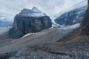 View of the Victoria glacier in the mist at the end of Plain of Six Glacier trail, Banff National...