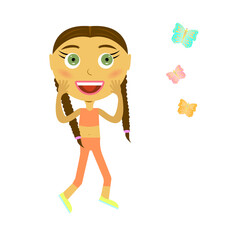 a little girl with two pigtails with a smile and green eyes in a tracksuit rejoices at colorful butterflies