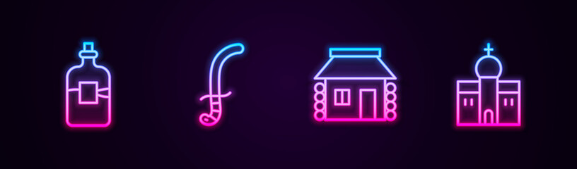 Set line Bottle of vodka, Medieval sword, Ukrainian house and Church building. Glowing neon icon. Vector