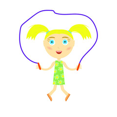 little cute blonde girl with two ponytails and big blue eyes in a green dress with flowers jumping rope