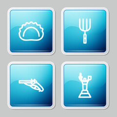 Fototapeta premium Set line Dumplings, Garden pitchfork, Vintage pistols and Mother Motherland monument icon. Vector