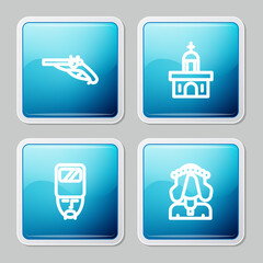 Set line Vintage pistols, Church building, Ukrainian cossack and woman icon. Vector