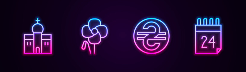 Set line Church building, Poppy flower, Ukrainian hryvnia and Independence day of Ukraine. Glowing neon icon. Vector