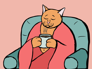 Vector illustration of a relaxing orange cat under a pink plaid in a chair with a cup of hot tea(or coffee)