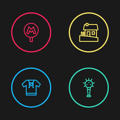 Set line Embroidered shirt, Mace, Ukrainian house and Metro or Underground icon. Vector