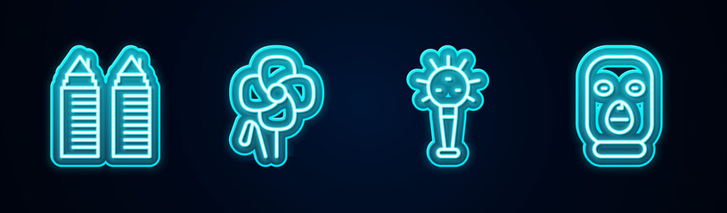 Set line Two towers in Dnipro, Poppy flower, Mace and Thief mask. Glowing neon icon. Vector