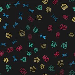 Set line Mother Motherland monument, Church building, Varenyky bowl and Thief mask on seamless pattern. Vector