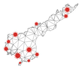 Polygonal mesh Andhra Pradesh State map with coronavirus centers. Abstract network connected lines and covid viruses form Andhra Pradesh State map.