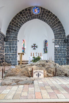 Tabgha, Galilee, Israel January 27, 2020: Interior Church of the Primacy of Peter, Tabgha, Sea of Galilee.