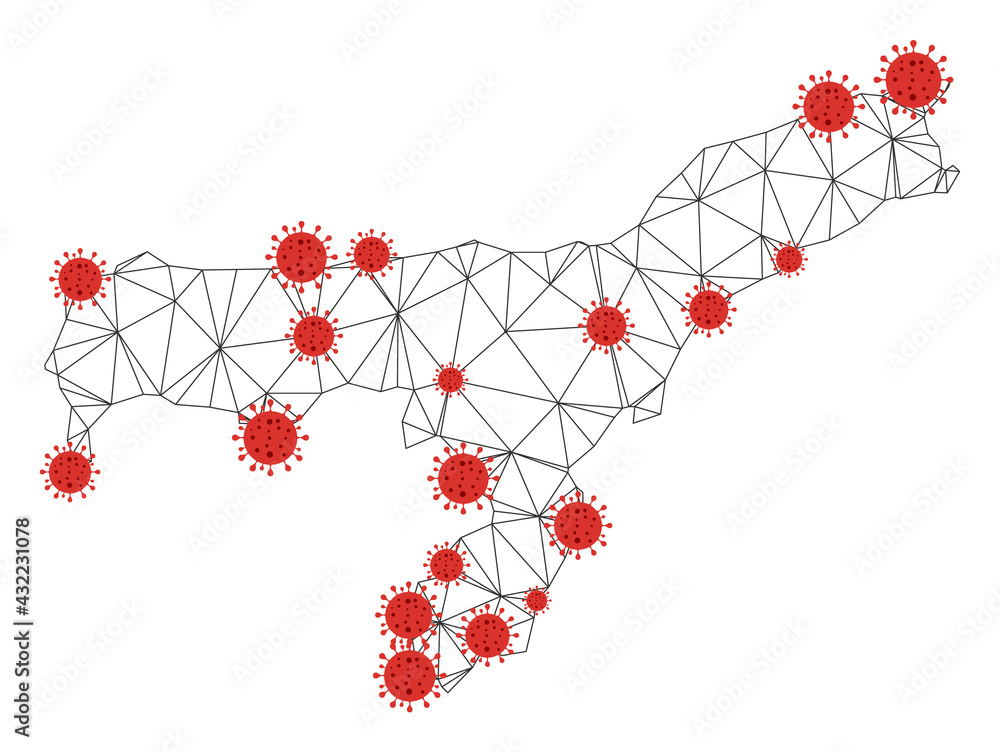 Poster polygonal mesh assam state map with coronavirus centers. abstract mesh connected lines and flu virus