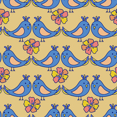 Cute seamless colorful vector pattern illustration colorful design of cartoon birds and flowers