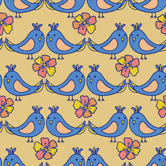 Cute seamless colorful vector pattern illustration colorful design of cartoon birds and flowers