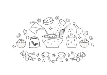 Cooking and baking icon set for you kitchen, restaurant or menu. Food poster. Mix ingredients for bake cookies.Linear icons kitchen utensils and milk, butter, sugar, vanilla, flour,eggs.Kitchen poster