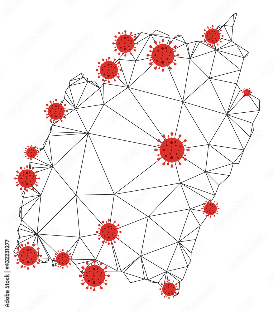 Poster polygonal mesh manipur state map with coronavirus centers. abstract mesh connected lines and covid- 