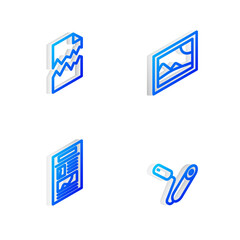 Set Isometric line Picture landscape, Torn document, News and Paint roller brush icon. Vector