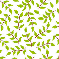 Seamless pattern with green twigs and leaves. White background. Vector illustration hand drawn botanical