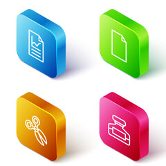 Set Isometric line Document with graph chart, Empty document, Scissors and Ink bottle icon. Vector