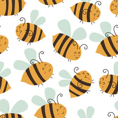 Seamless pattern with happy bees. Vector illustration hand drawn. White background. Wrapping, summer print or fabric texture