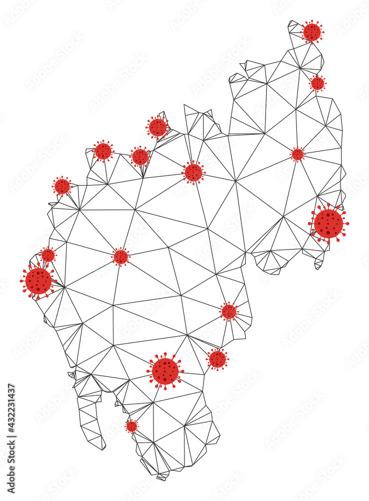 Poster polygonal mesh tripura state map with coronavirus centers. abstract network connected lines and covi