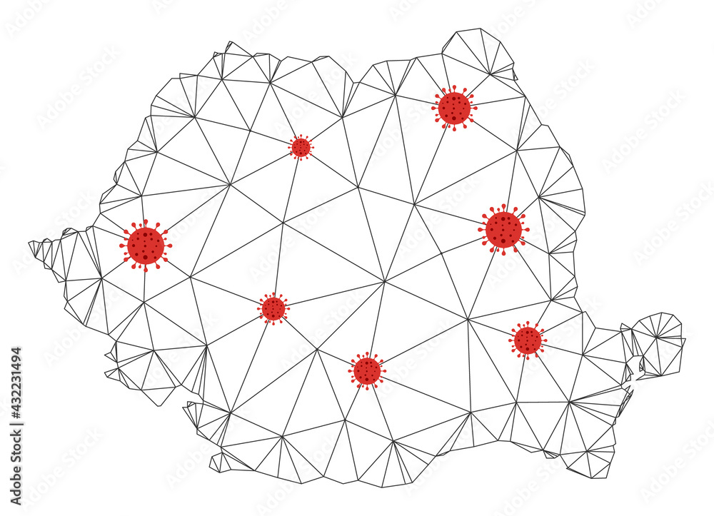 Poster polygonal mesh romania map with coronavirus centers. abstract network connected lines and covid viru