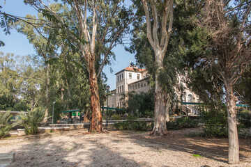 Park with beautiful trees around the church on the Mount of Beatitudes on the Sea of Galilee