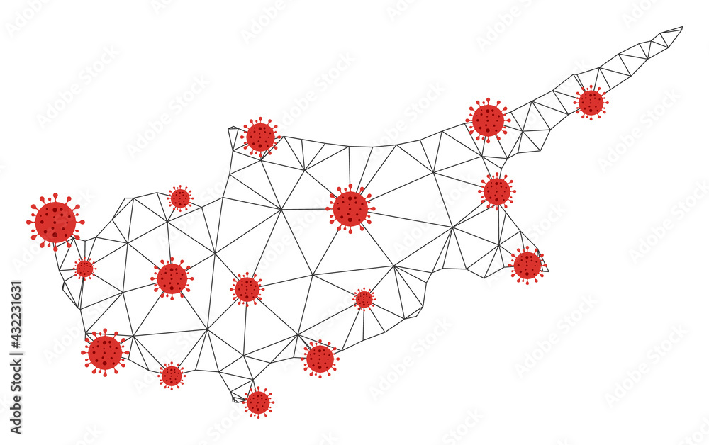 Poster polygonal mesh cyprus island map with coronavirus centers. abstract mesh connected lines and covid v